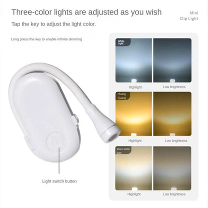 Book Light Reading Lights For Books In Bed Led Book Night Lamp Rechargeable 3 Color Stepless Brightness Clip On Reading Lamp